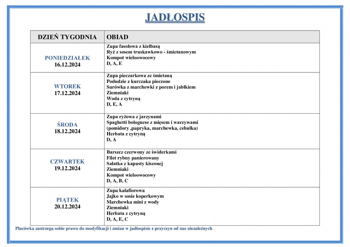 Jadłospis na okres od 16.12 do 20.12. 2024 r.