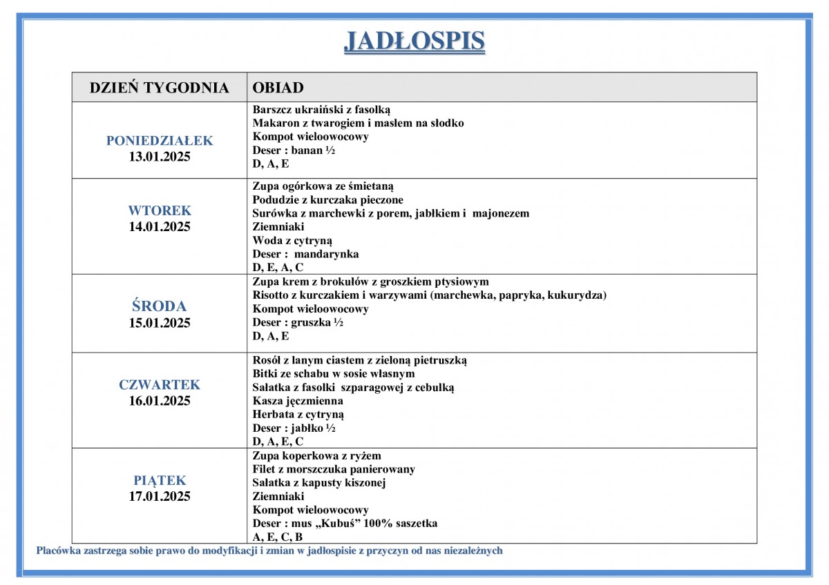 Jadłospis na okres od 13.01 do 17.01. 2025 r.